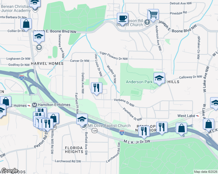 map of restaurants, bars, coffee shops, grocery stores, and more near 184 Wadley Street Northwest in Atlanta
