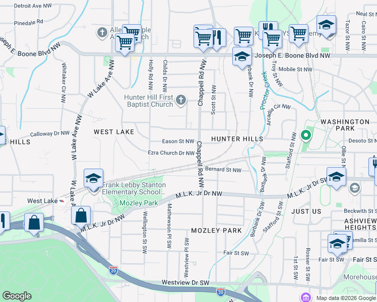 map of restaurants, bars, coffee shops, grocery stores, and more near 1433 Eason Street Northwest in Atlanta