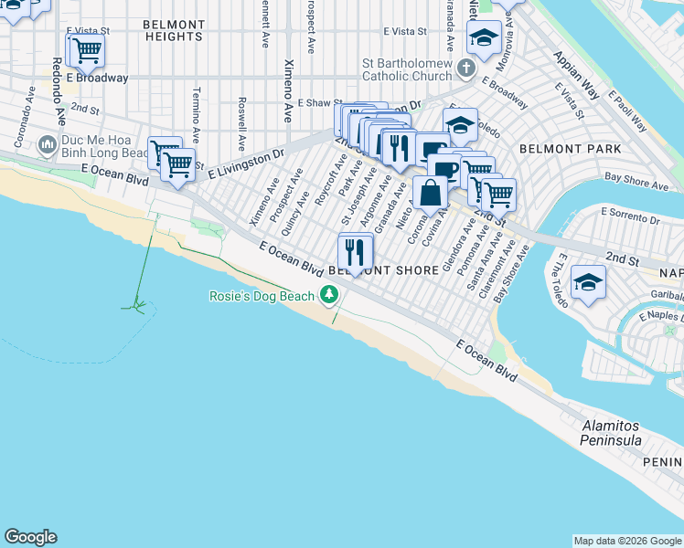 map of restaurants, bars, coffee shops, grocery stores, and more near 60 Argonne Avenue in Long Beach