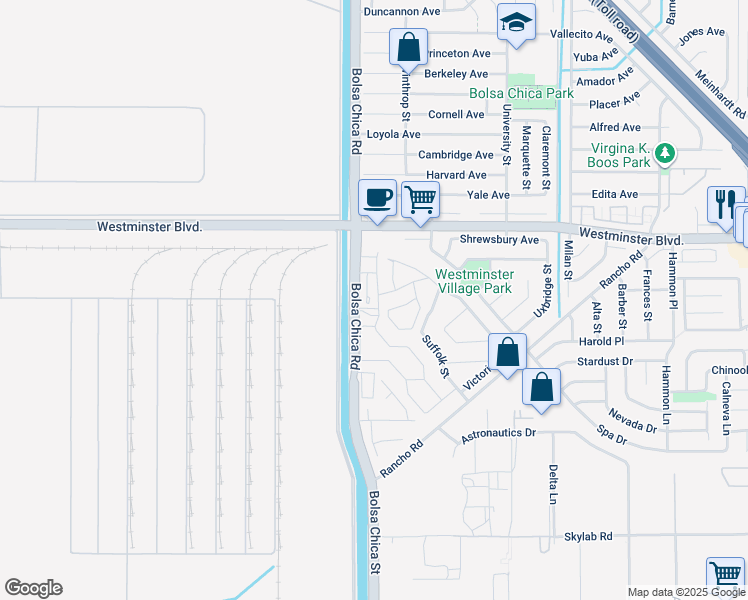 map of restaurants, bars, coffee shops, grocery stores, and more near 14182 Elystan Circle in Westminster