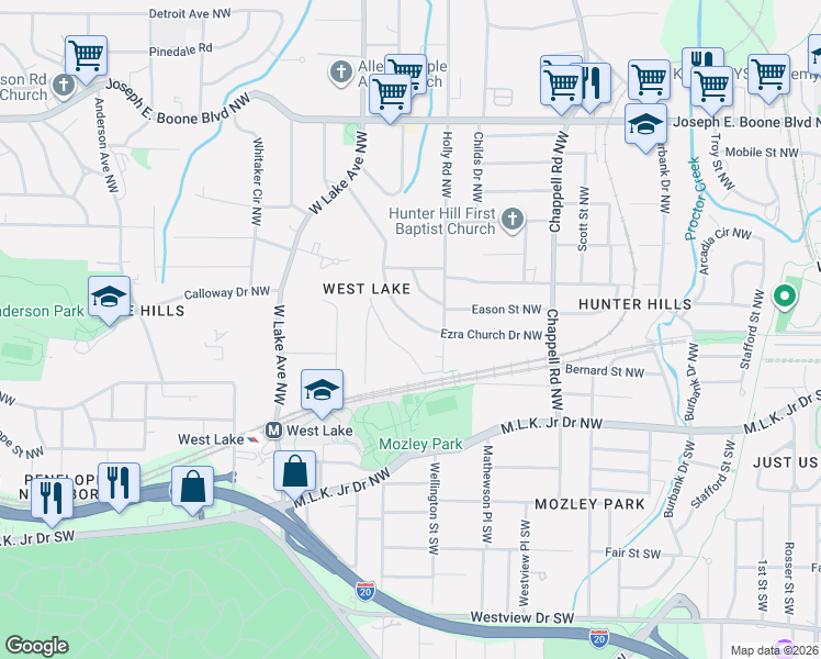 map of restaurants, bars, coffee shops, grocery stores, and more near 1583 Ezra Church Drive Northwest in Atlanta