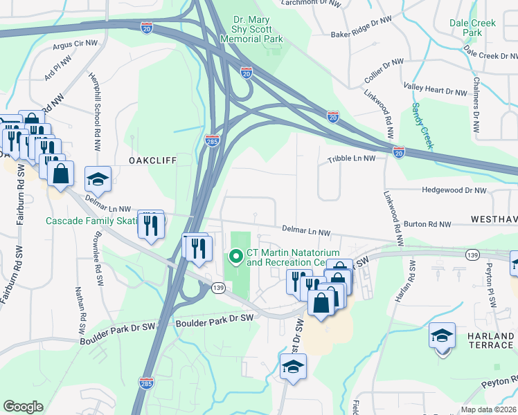 map of restaurants, bars, coffee shops, grocery stores, and more near 79 Delmoor Drive Northwest in Atlanta
