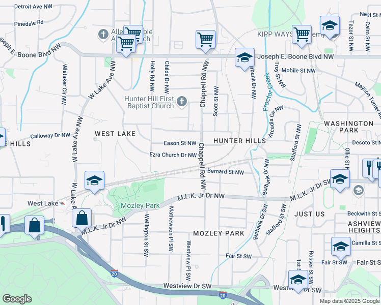 map of restaurants, bars, coffee shops, grocery stores, and more near 1441 Ezra Church Drive Northwest in Atlanta