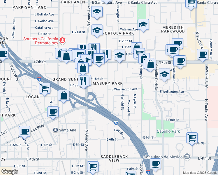 map of restaurants, bars, coffee shops, grocery stores, and more near 1309 North Linwood Avenue in Santa Ana