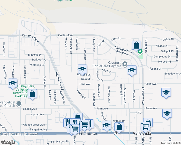 map of restaurants, bars, coffee shops, grocery stores, and more near 43454 Ballew Way in Hemet