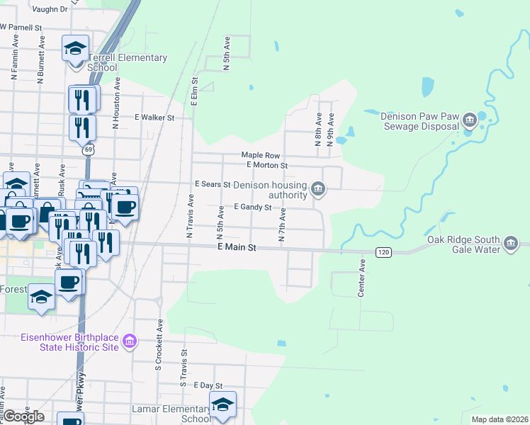 map of restaurants, bars, coffee shops, grocery stores, and more near 601 East Gandy Street in Denison