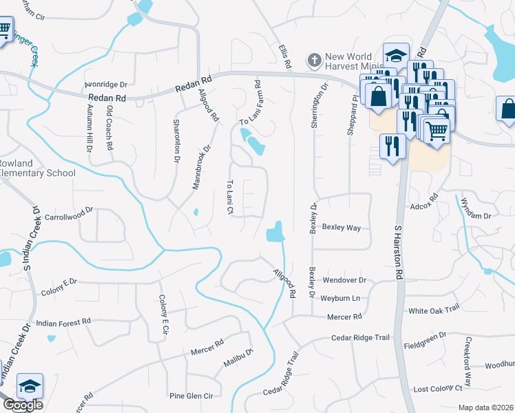 map of restaurants, bars, coffee shops, grocery stores, and more near 4482 To Lani Farm Road in Stone Mountain