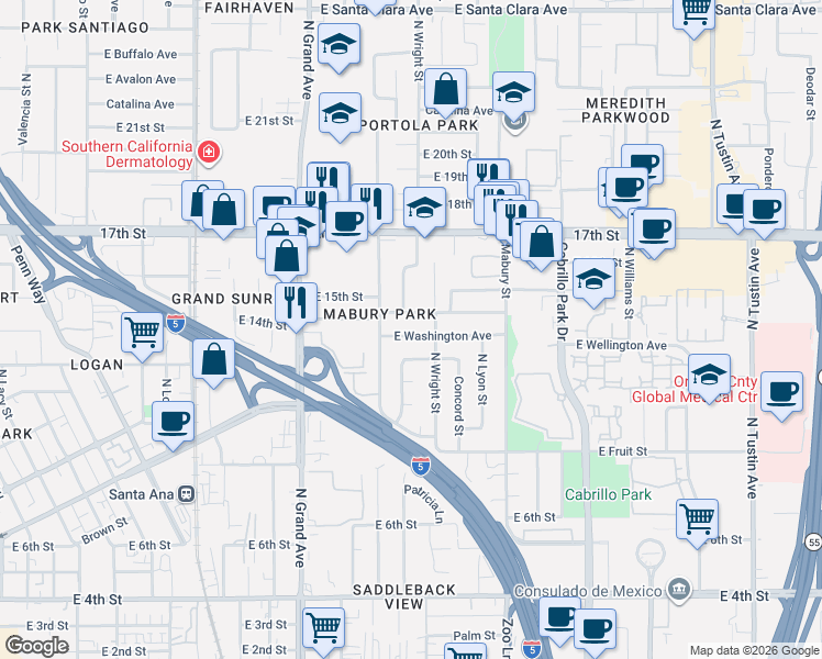map of restaurants, bars, coffee shops, grocery stores, and more near 1401 Eastside Avenue in Santa Ana