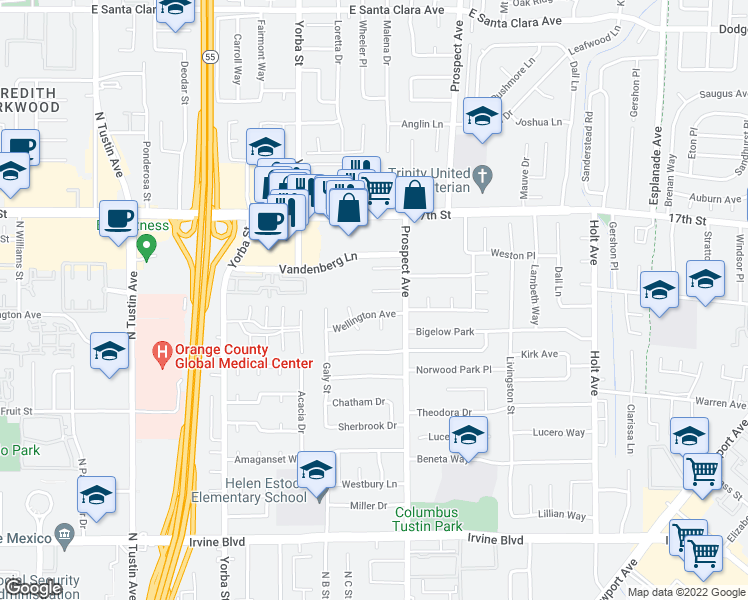 map of restaurants, bars, coffee shops, grocery stores, and more near 17592 Fiesta Way in Tustin