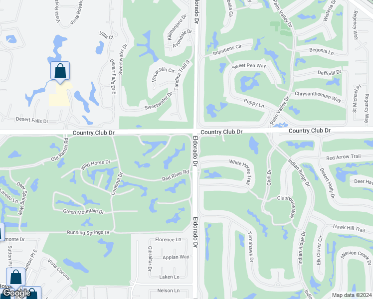 map of restaurants, bars, coffee shops, grocery stores, and more near 31 Blue River Drive in Palm Desert