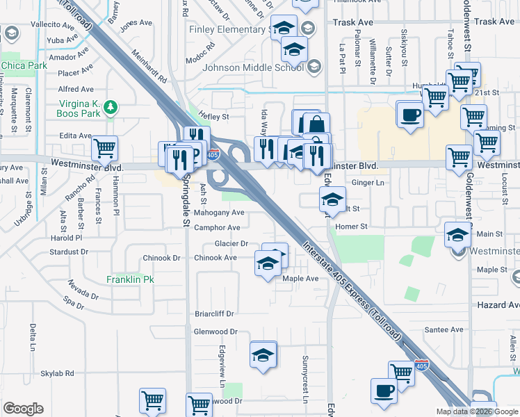 map of restaurants, bars, coffee shops, grocery stores, and more near 6251 Mahogany Avenue in Westminster