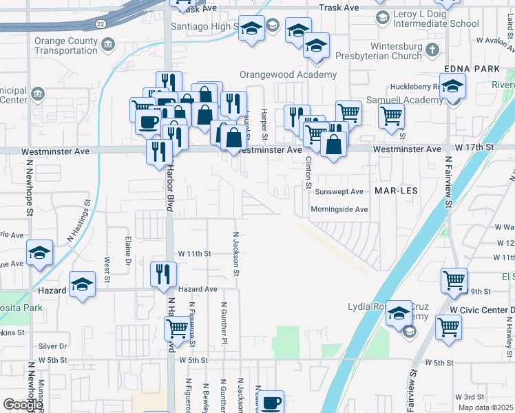 map of restaurants, bars, coffee shops, grocery stores, and more near 230 Green Drive in Santa Ana