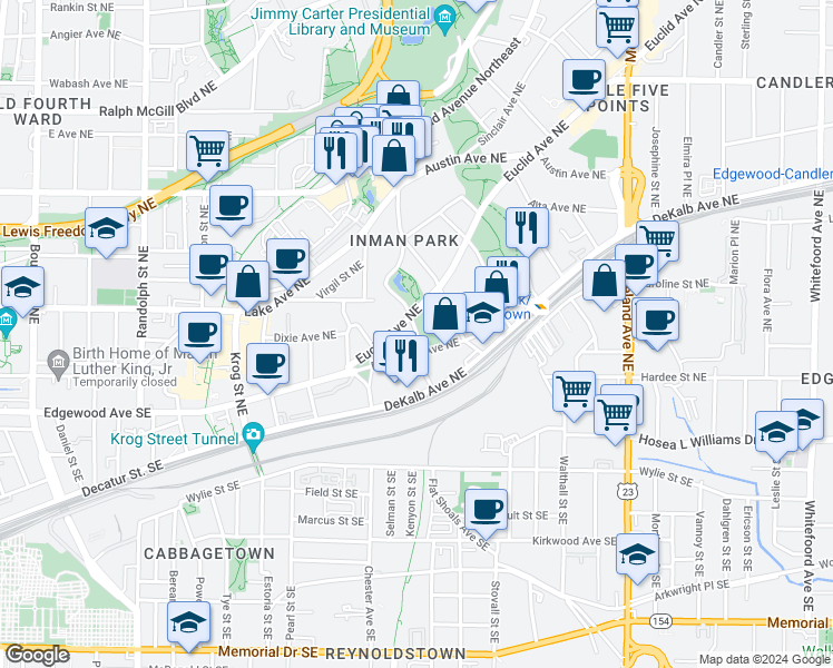 map of restaurants, bars, coffee shops, grocery stores, and more near 92 Waverly Way Northeast in Atlanta