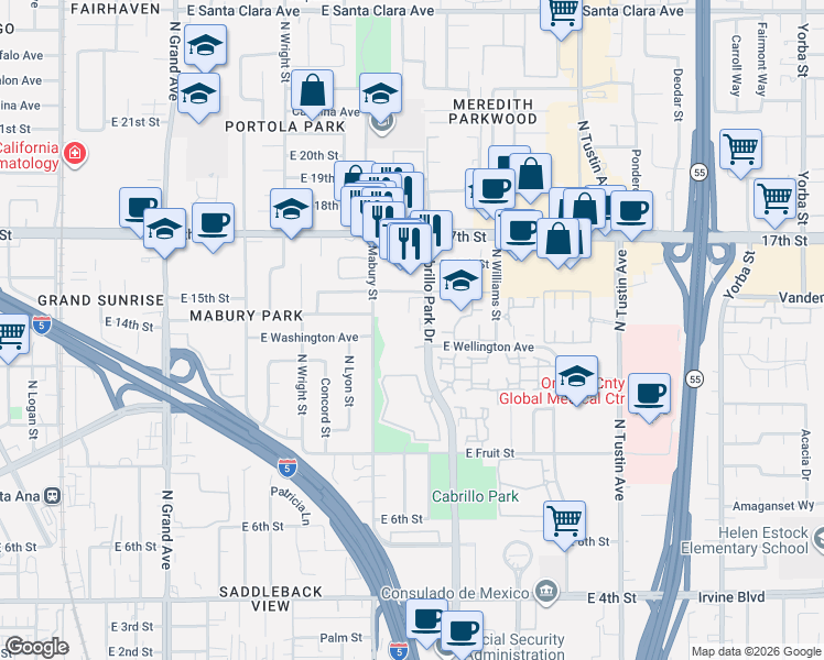 map of restaurants, bars, coffee shops, grocery stores, and more near 1450 Cabrillo Park Drive in Santa Ana
