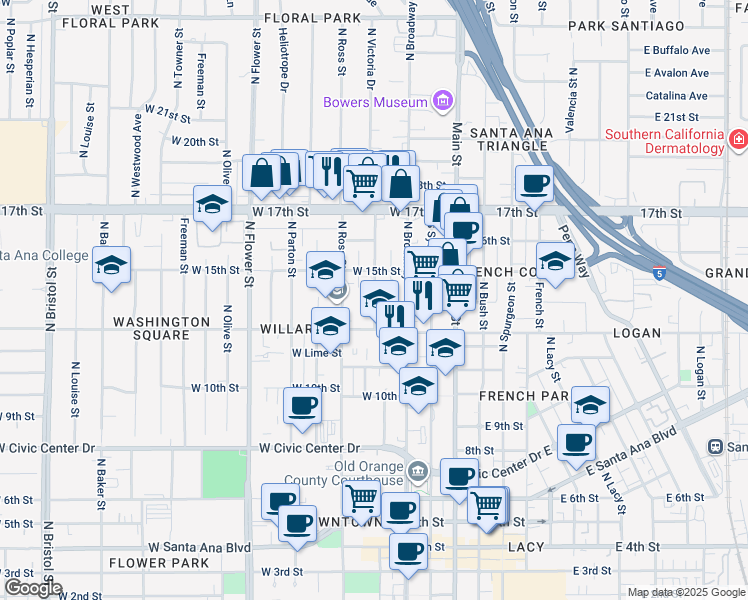 map of restaurants, bars, coffee shops, grocery stores, and more near 1418 North Durant Street in Santa Ana