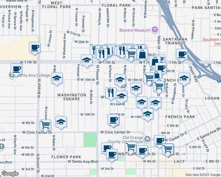 map of restaurants, bars, coffee shops, grocery stores, and more near in Santa Ana