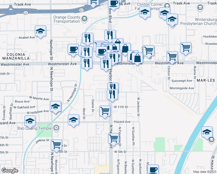 map of restaurants, bars, coffee shops, grocery stores, and more near 1416 North Harbor Boulevard in Santa Ana