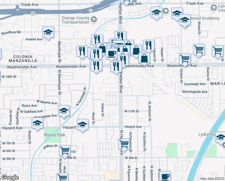 map of restaurants, bars, coffee shops, grocery stores, and more near 1416 North Harbor Boulevard in Santa Ana