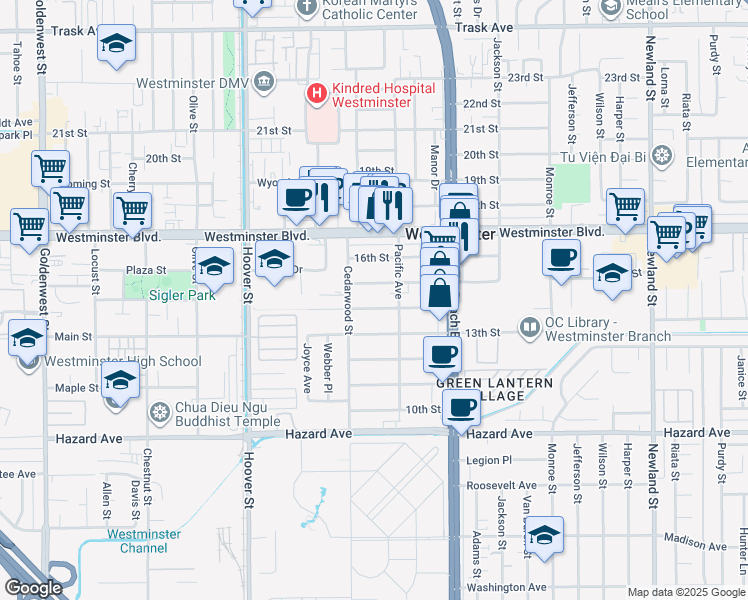map of restaurants, bars, coffee shops, grocery stores, and more near 7791 15th Street in Westminster