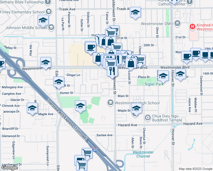 map of restaurants, bars, coffee shops, grocery stores, and more near 14116 Rondeau Street in Westminster