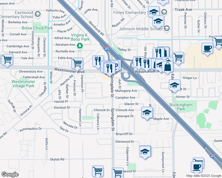 map of restaurants, bars, coffee shops, grocery stores, and more near 14076 Springdale Street in Westminster