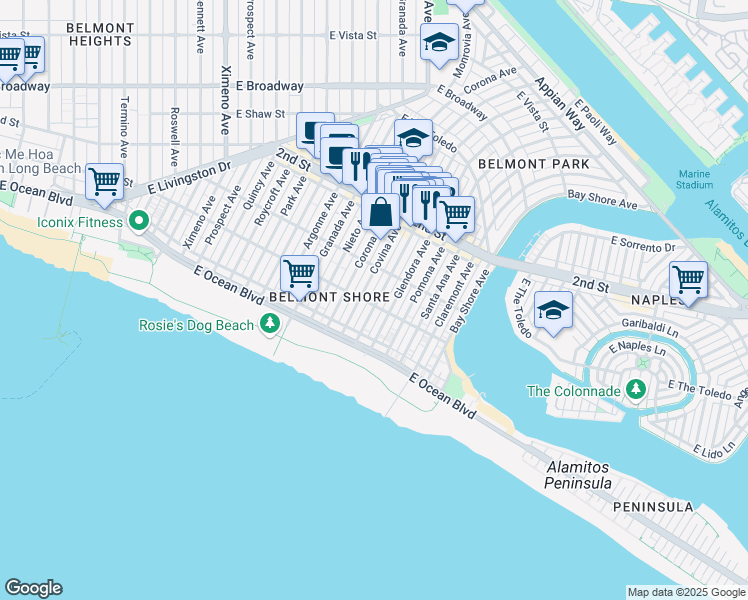 map of restaurants, bars, coffee shops, grocery stores, and more near 117 Covina Avenue in Long Beach
