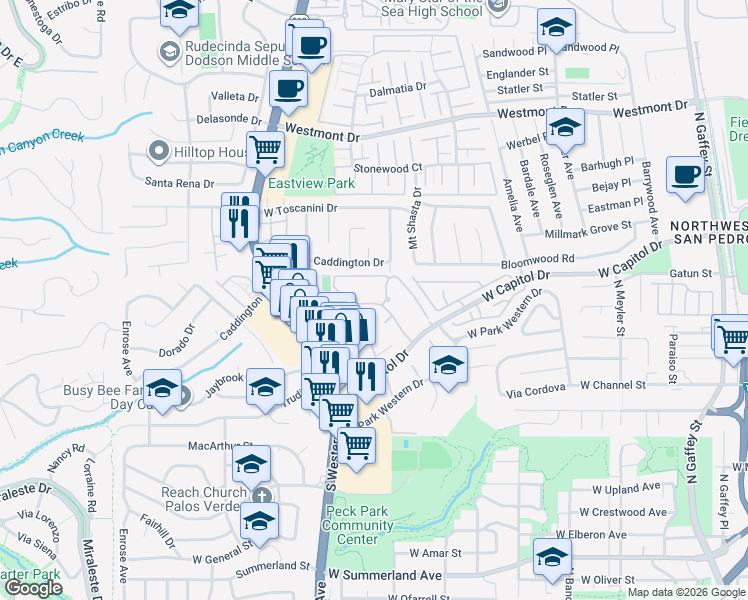 map of restaurants, bars, coffee shops, grocery stores, and more near 1432 Brett Place in Los Angeles