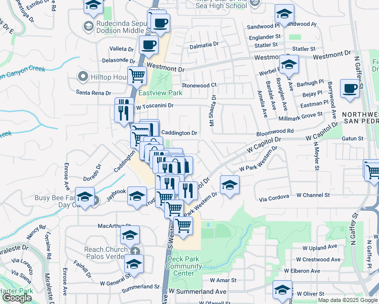map of restaurants, bars, coffee shops, grocery stores, and more near 1432 Brett Place in Los Angeles