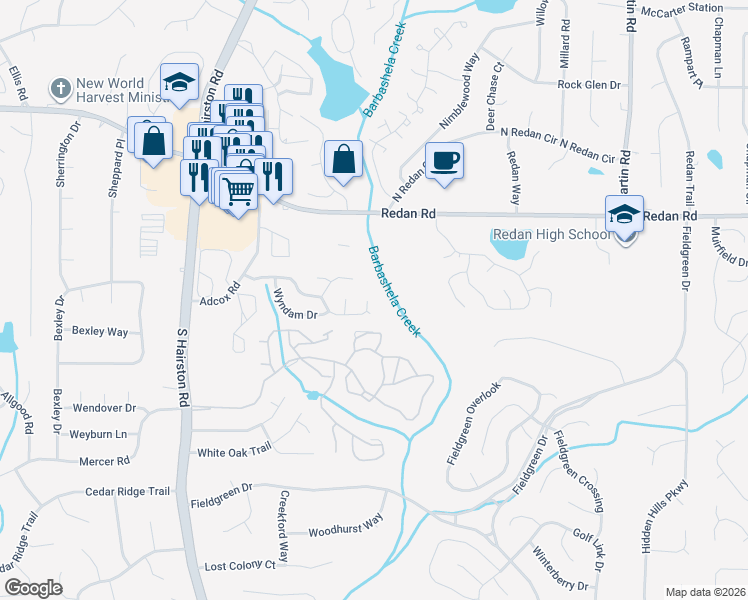 map of restaurants, bars, coffee shops, grocery stores, and more near 4919 Fenbrook Drive in Stone Mountain