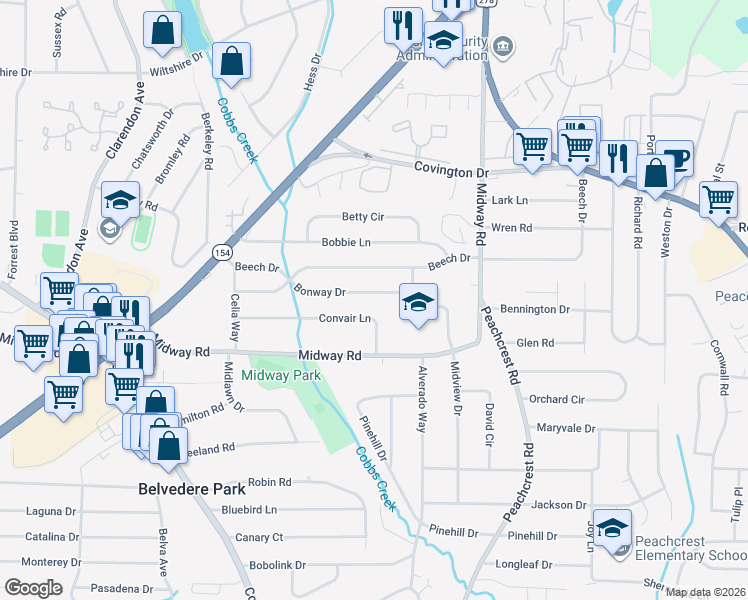 map of restaurants, bars, coffee shops, grocery stores, and more near 3254 Bonway Drive in Decatur