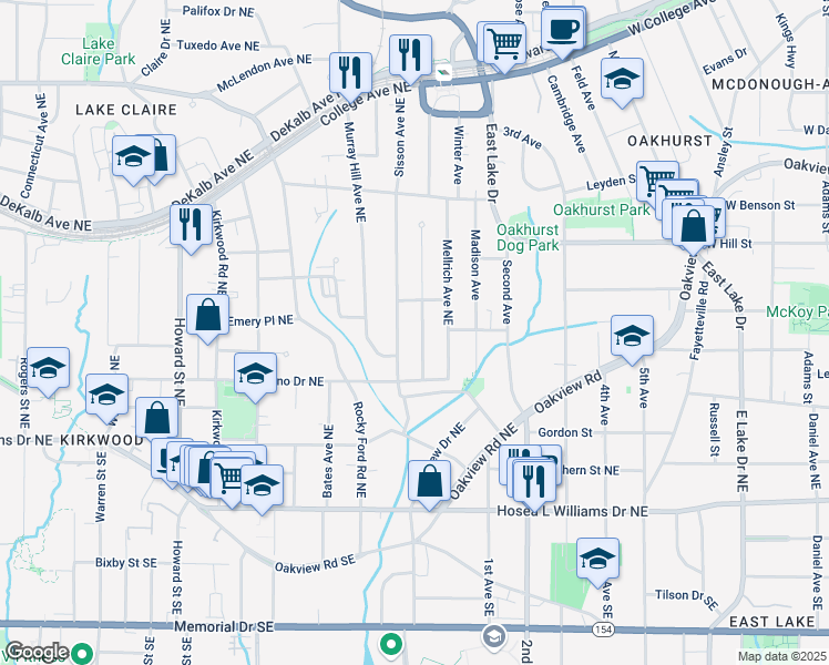map of restaurants, bars, coffee shops, grocery stores, and more near 156 Martha Avenue Northeast in Atlanta