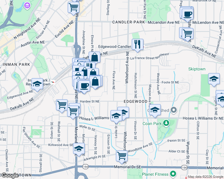 map of restaurants, bars, coffee shops, grocery stores, and more near 118 Flora Avenue Northeast in Atlanta