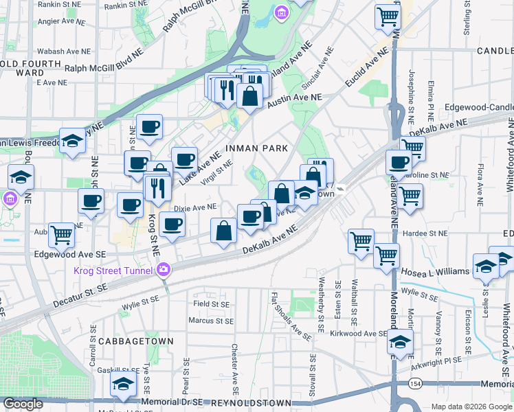 map of restaurants, bars, coffee shops, grocery stores, and more near 900 DeKalb Avenue Northeast in Atlanta