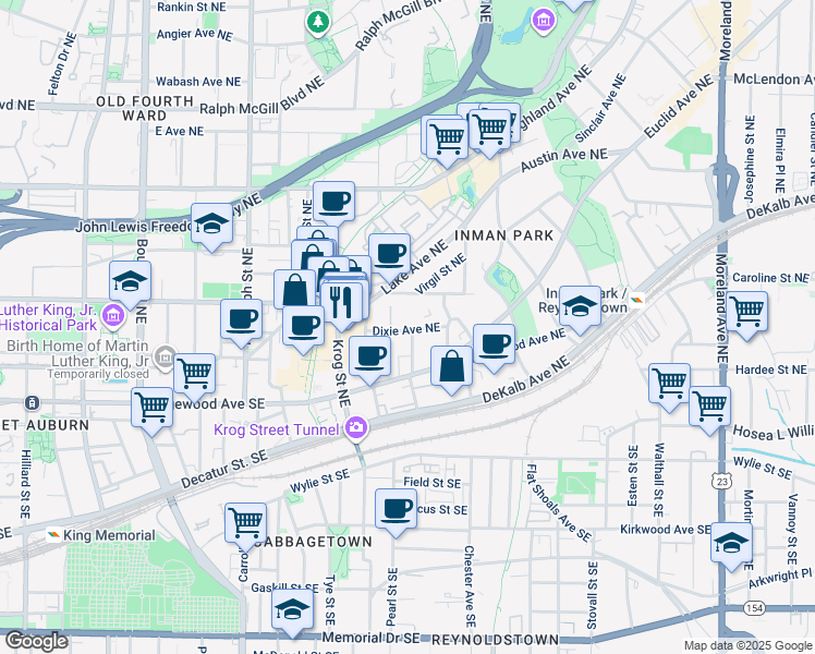 map of restaurants, bars, coffee shops, grocery stores, and more near 807 West Ashland Avenue Northeast in Atlanta