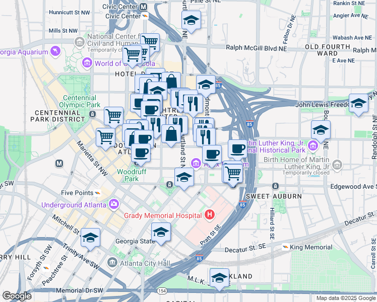 map of restaurants, bars, coffee shops, grocery stores, and more near 115 Courtland Street Northeast in Atlanta