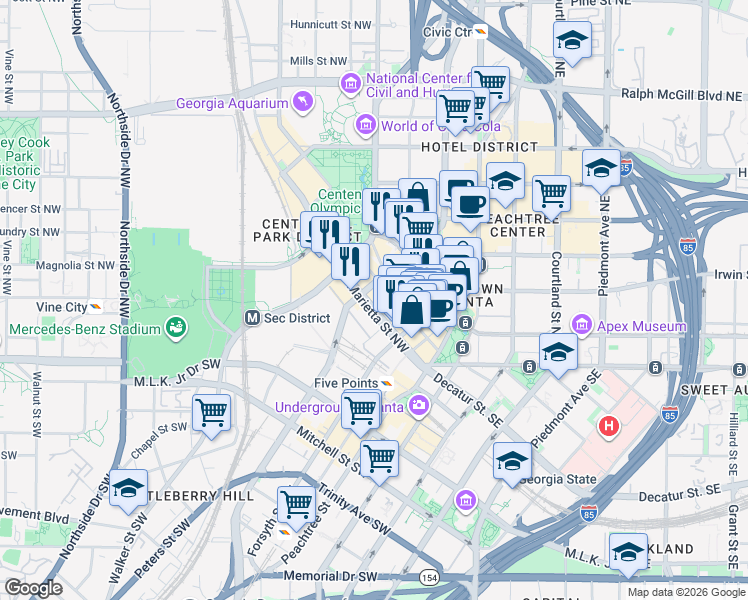 map of restaurants, bars, coffee shops, grocery stores, and more near 140 Walton Street Northwest in Atlanta
