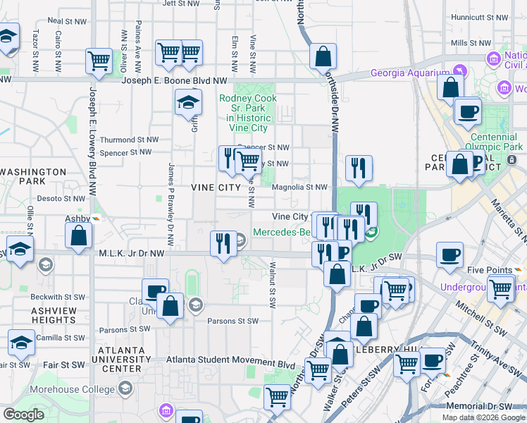map of restaurants, bars, coffee shops, grocery stores, and more near 582 Delbridge Street Northwest in Atlanta
