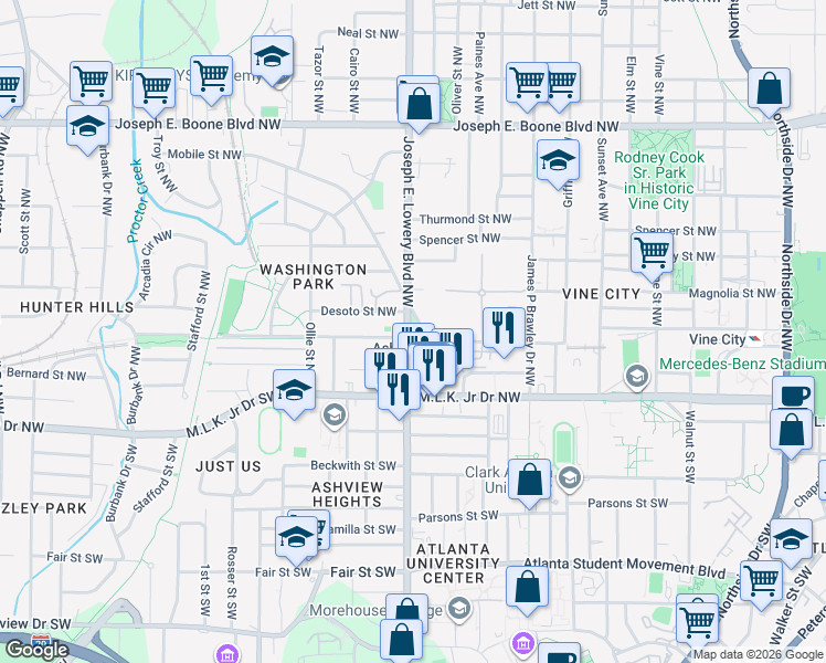 map of restaurants, bars, coffee shops, grocery stores, and more near 77 Joseph E. Lowery Boulevard Northwest in Atlanta