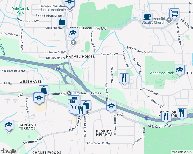 map of restaurants, bars, coffee shops, grocery stores, and more near 131 Sewanee Avenue Northwest in Atlanta