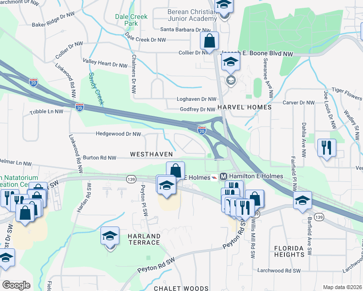 map of restaurants, bars, coffee shops, grocery stores, and more near 2533 Laurel Circle Northwest in Atlanta
