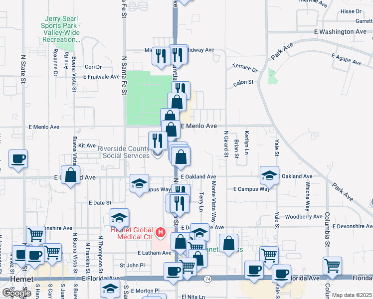 map of restaurants, bars, coffee shops, grocery stores, and more near 650 North San Jacinto Street in Hemet