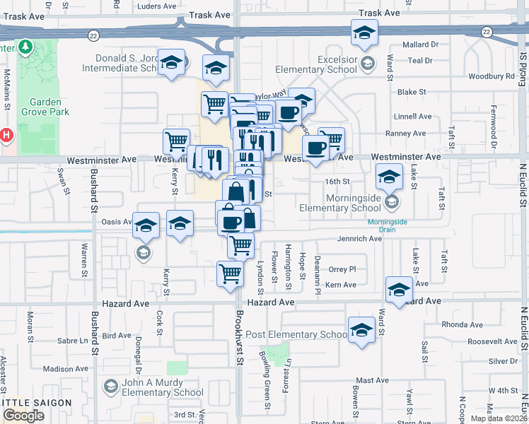 map of restaurants, bars, coffee shops, grocery stores, and more near 14171 Flower Street in Garden Grove