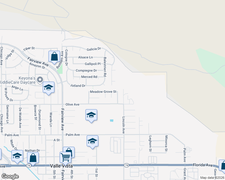 map of restaurants, bars, coffee shops, grocery stores, and more near 44394 Meadow Grove Street in Hemet