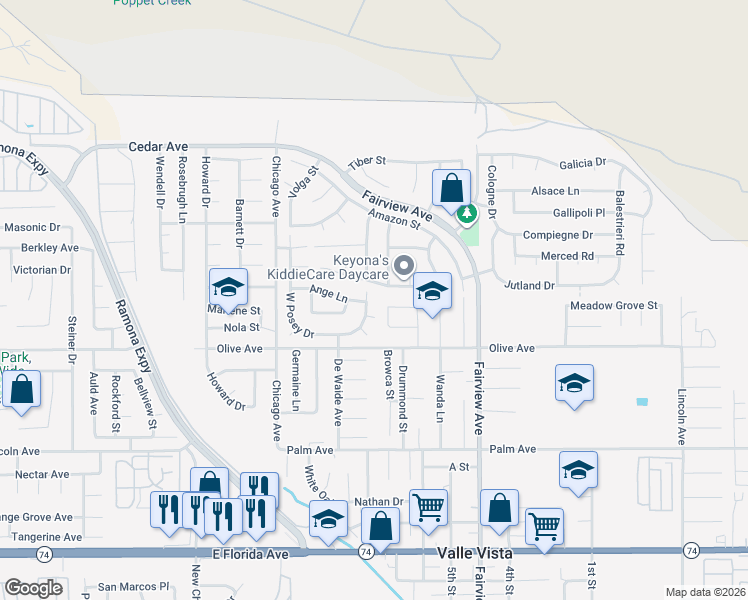 map of restaurants, bars, coffee shops, grocery stores, and more near 25130 East Posey Drive in Hemet