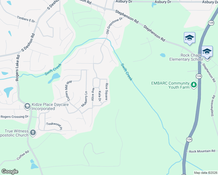 map of restaurants, bars, coffee shops, grocery stores, and more near 1598 Rice Square in Lithonia