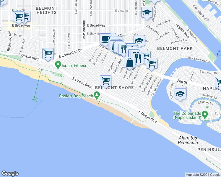 map of restaurants, bars, coffee shops, grocery stores, and more near 37 Nieto Avenue in Long Beach