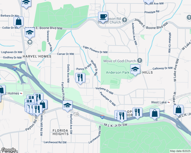 map of restaurants, bars, coffee shops, grocery stores, and more near 2254 Penelope Street Northwest in Atlanta