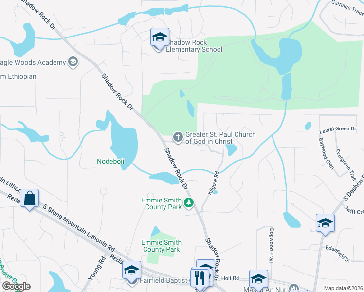 map of restaurants, bars, coffee shops, grocery stores, and more near 6038 Paul Road in Lithonia