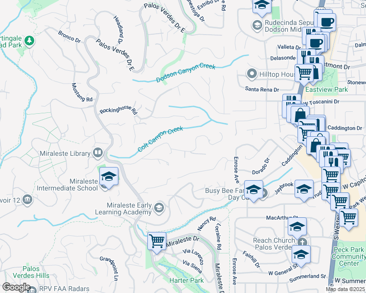 map of restaurants, bars, coffee shops, grocery stores, and more near 2621 Colt Road in Rancho Palos Verdes