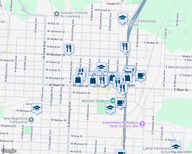 map of restaurants, bars, coffee shops, grocery stores, and more near 500 West Gandy Street in Denison